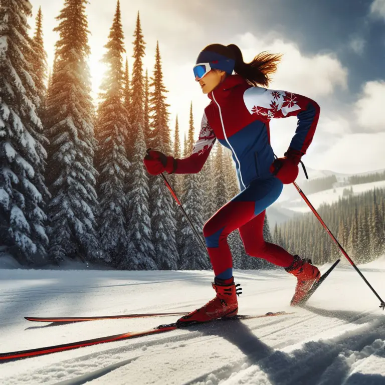 A young girl skiing swiftly through a dense forest.