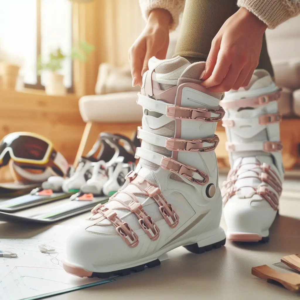 A woman gearing up for ski boot testing, holding a pair of women's ski boots.