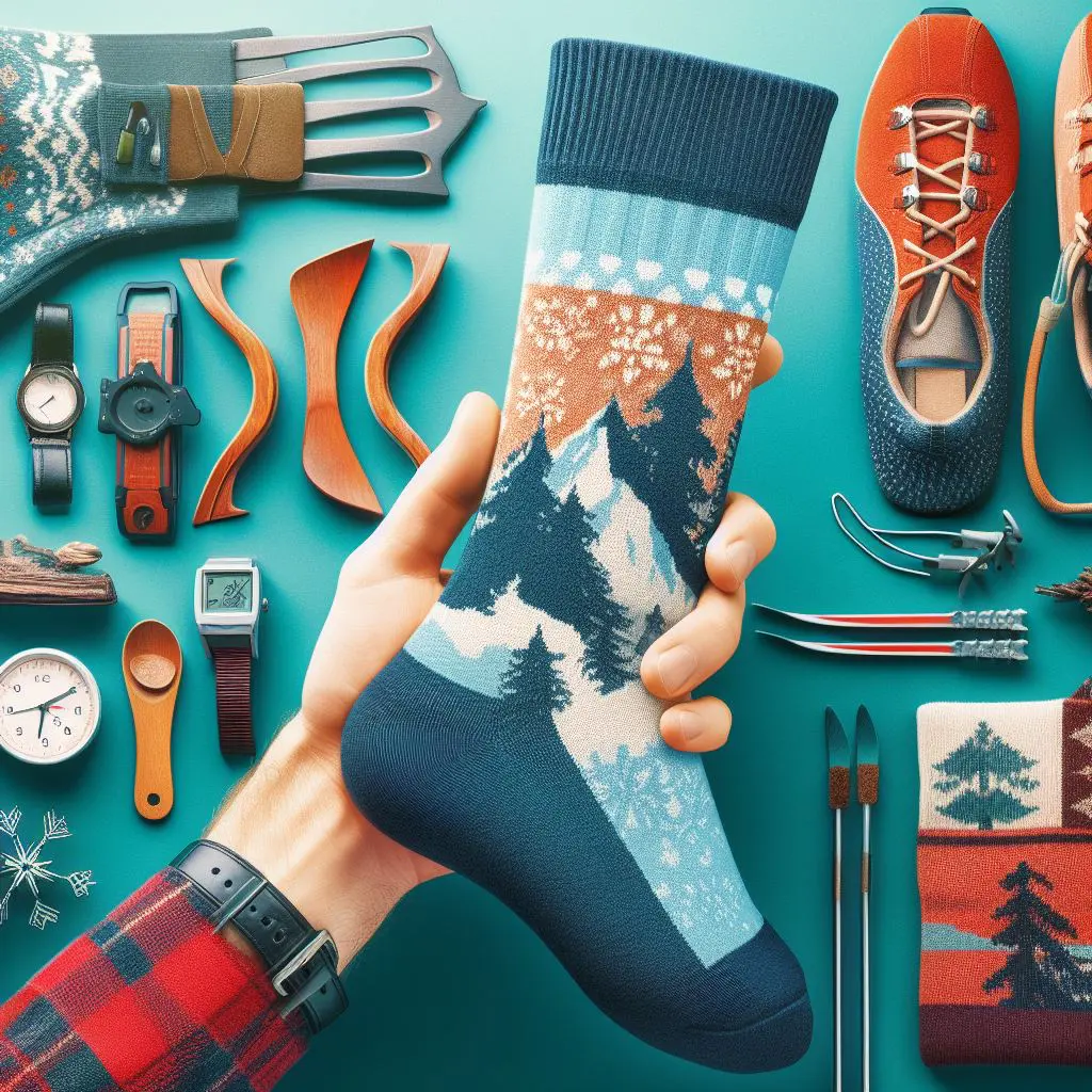 A hand holds up a cross-country ski sock, showcasing its design and texture.