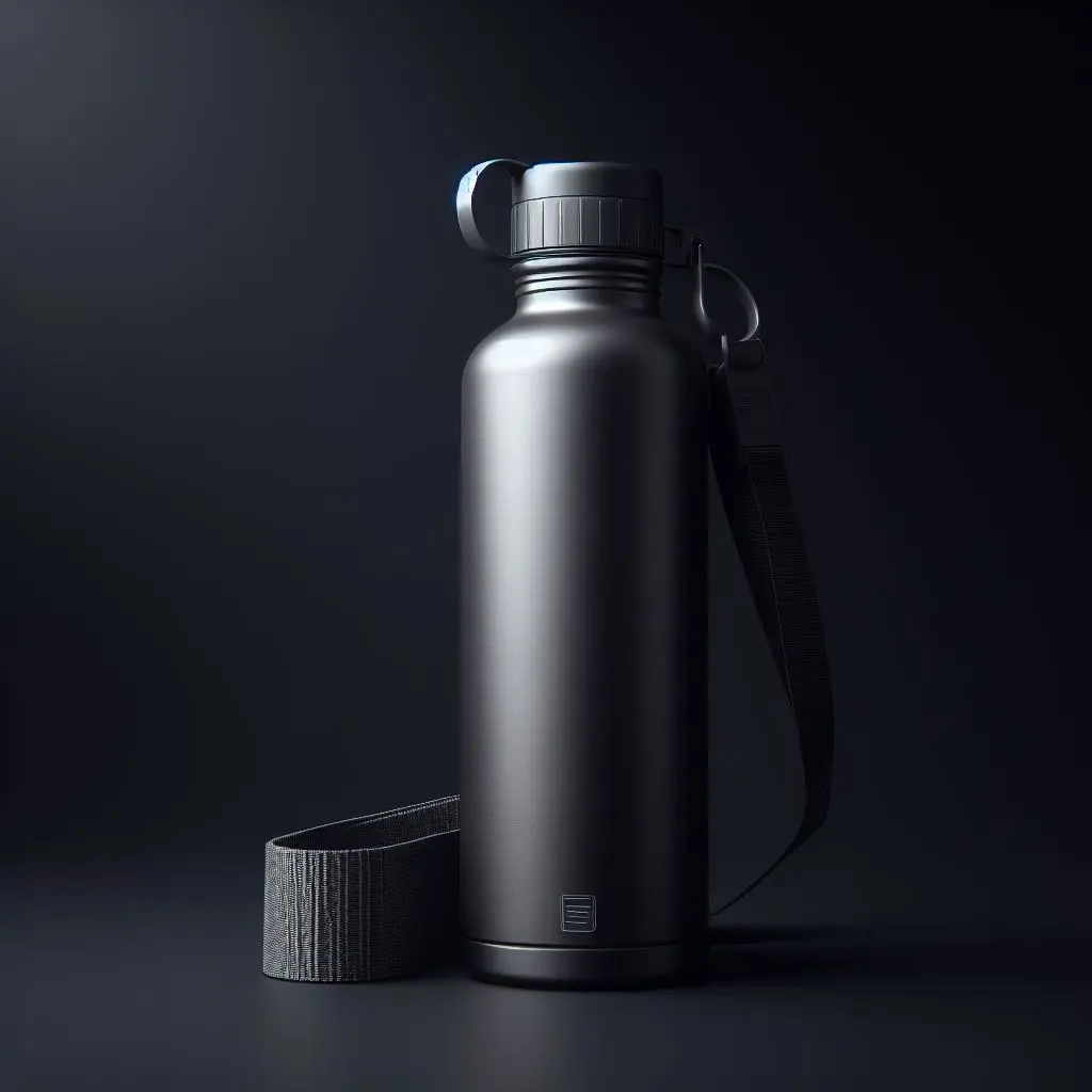 Dark colored titanium water bottle against a black background