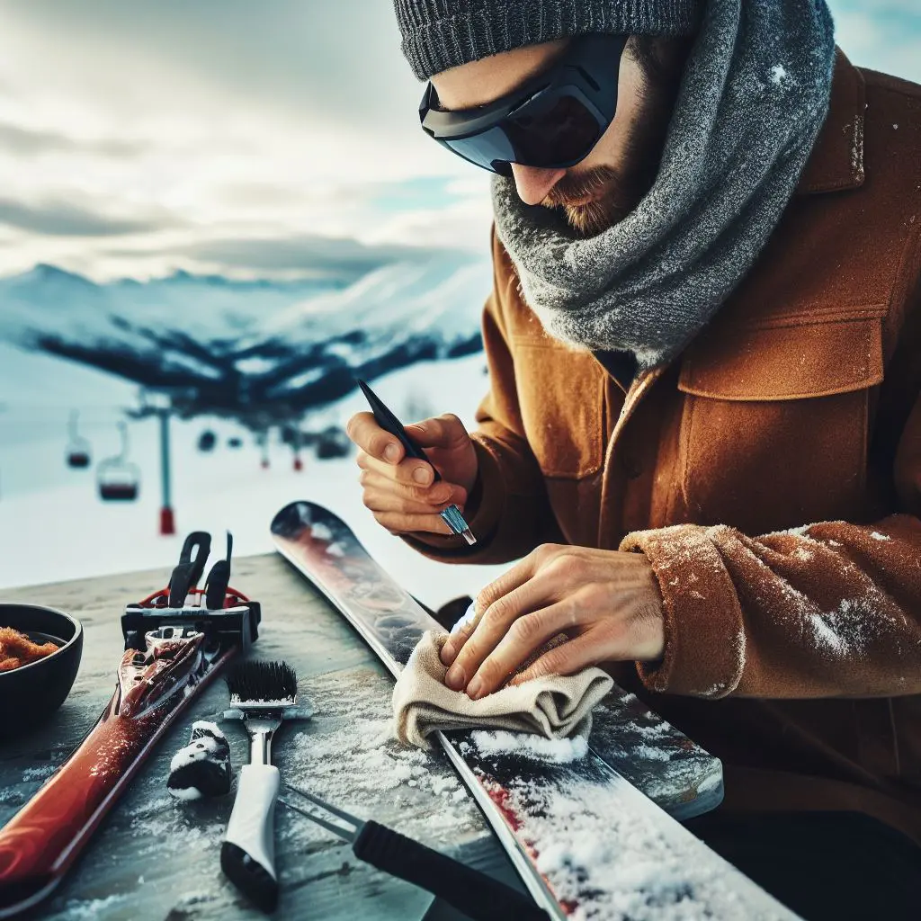 A man meticulously preparing his skis, referencing the ski wax temperature chart for optimal wax selection