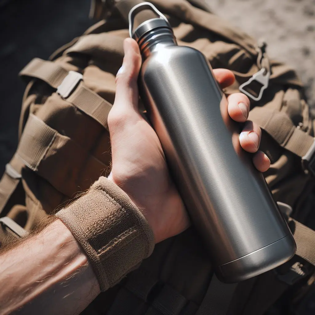 Male hand holding a titanium water bottle with an army-style backpack in the background