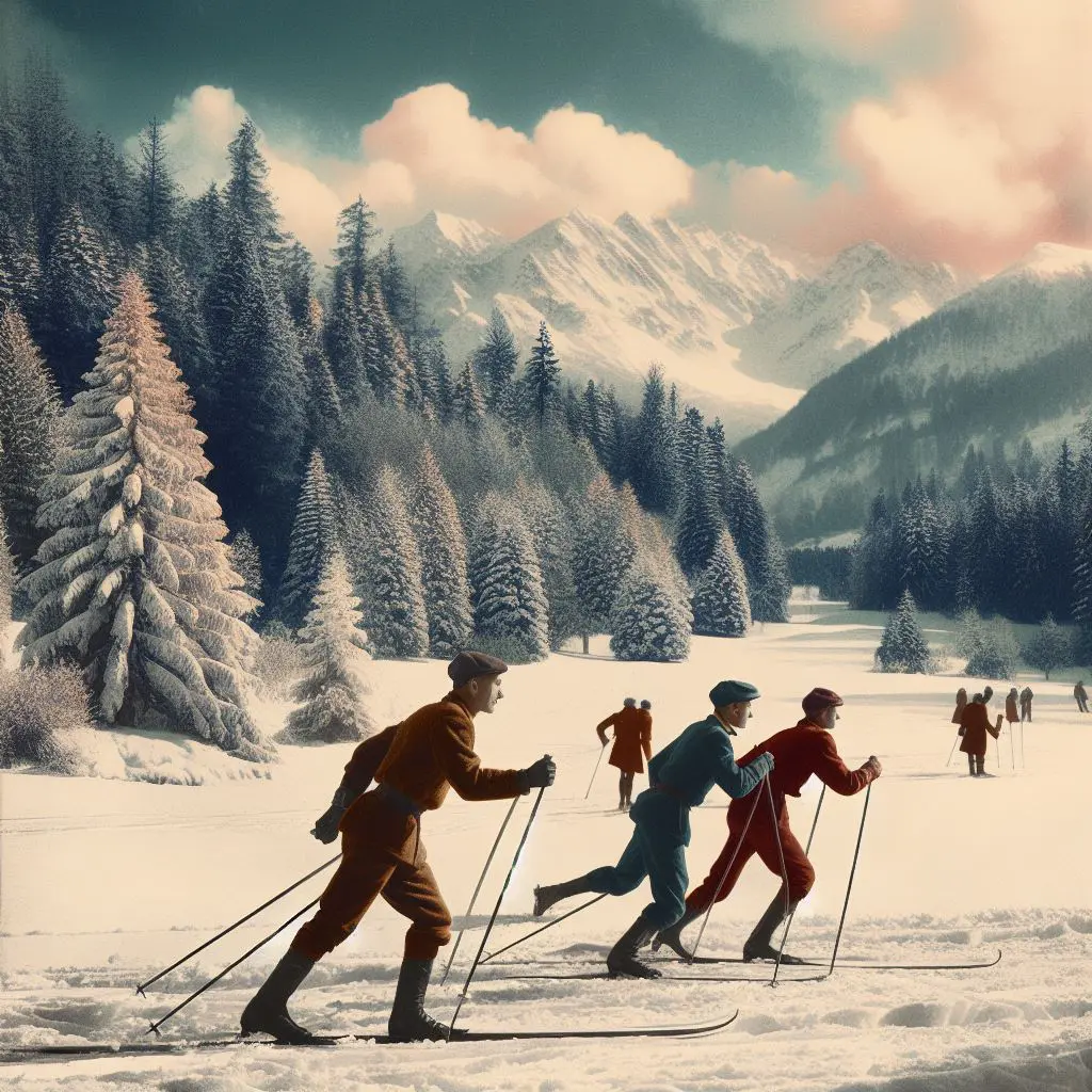 Vintage-looking gentlemen cross country skiing