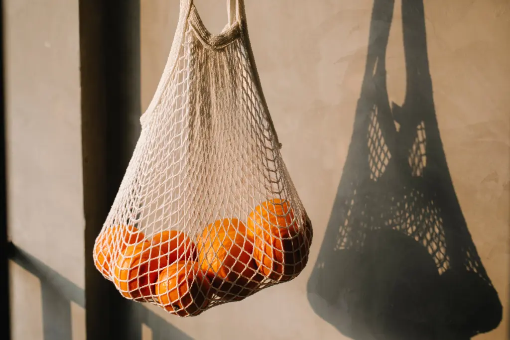  Eco-friendly tote bag filled with ripe oranges