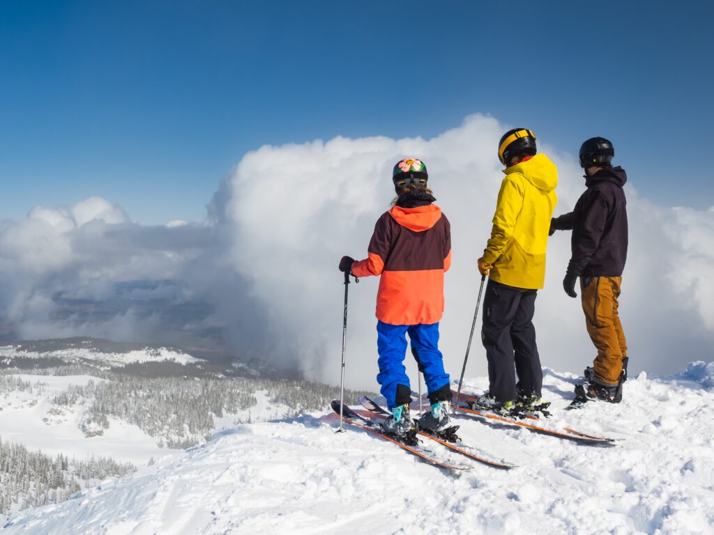 Our dedicated product testing team field-testing winter gear, with a focus on the performance of the Camo Cloud snow pants