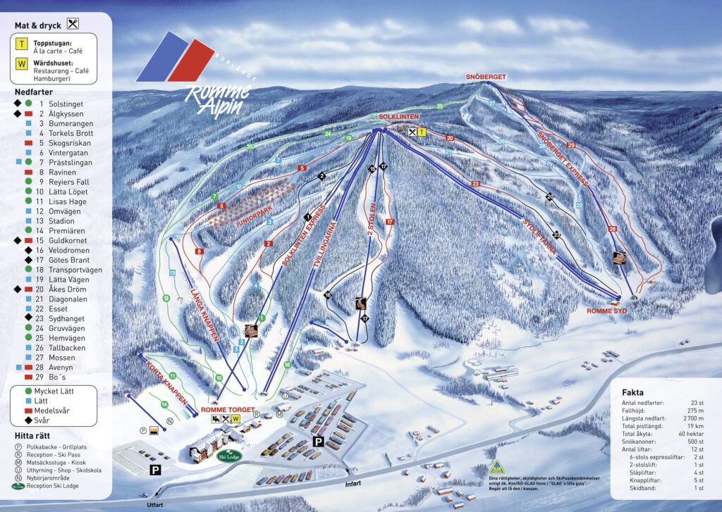 A dynamic graphic showcasing the diverse slopes at Romme Alpin, Sweden, catering to skiers of all levels.