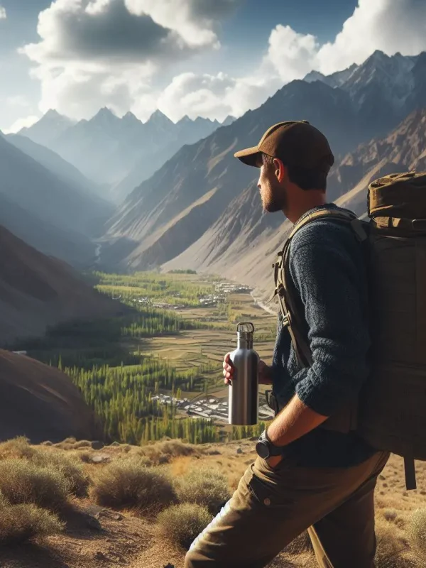 A hiker with a Vargo Titanium EDC Bottle in the backpack enjoying the mountain view.